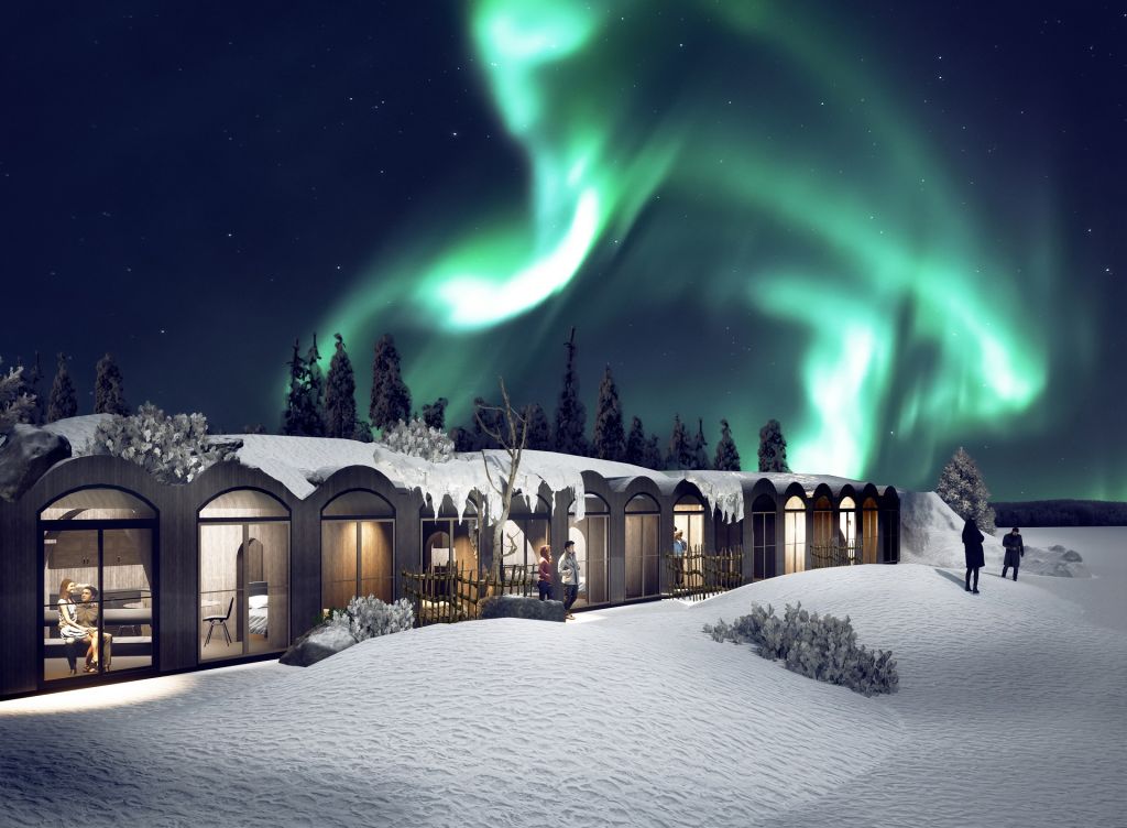 A digital picture from outside of the planned Kammi Family Suite in Apukka Resort, Rovaniemi, in the winter time with lots of snow and Northern lights in the sky.