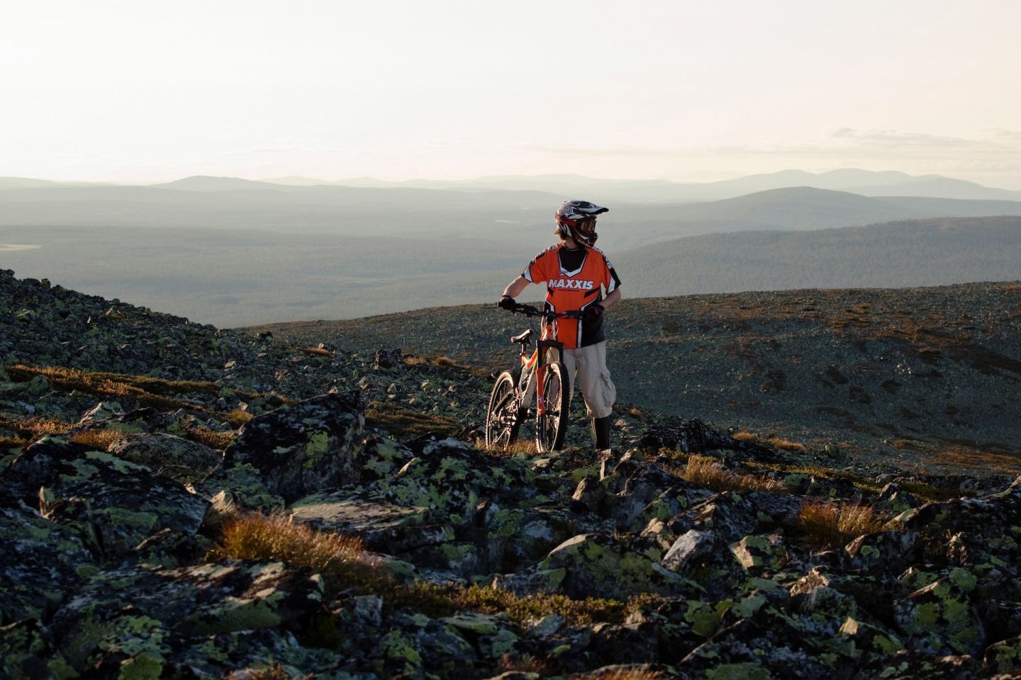 Mountain biking on a stone field in Kolari, Lapland