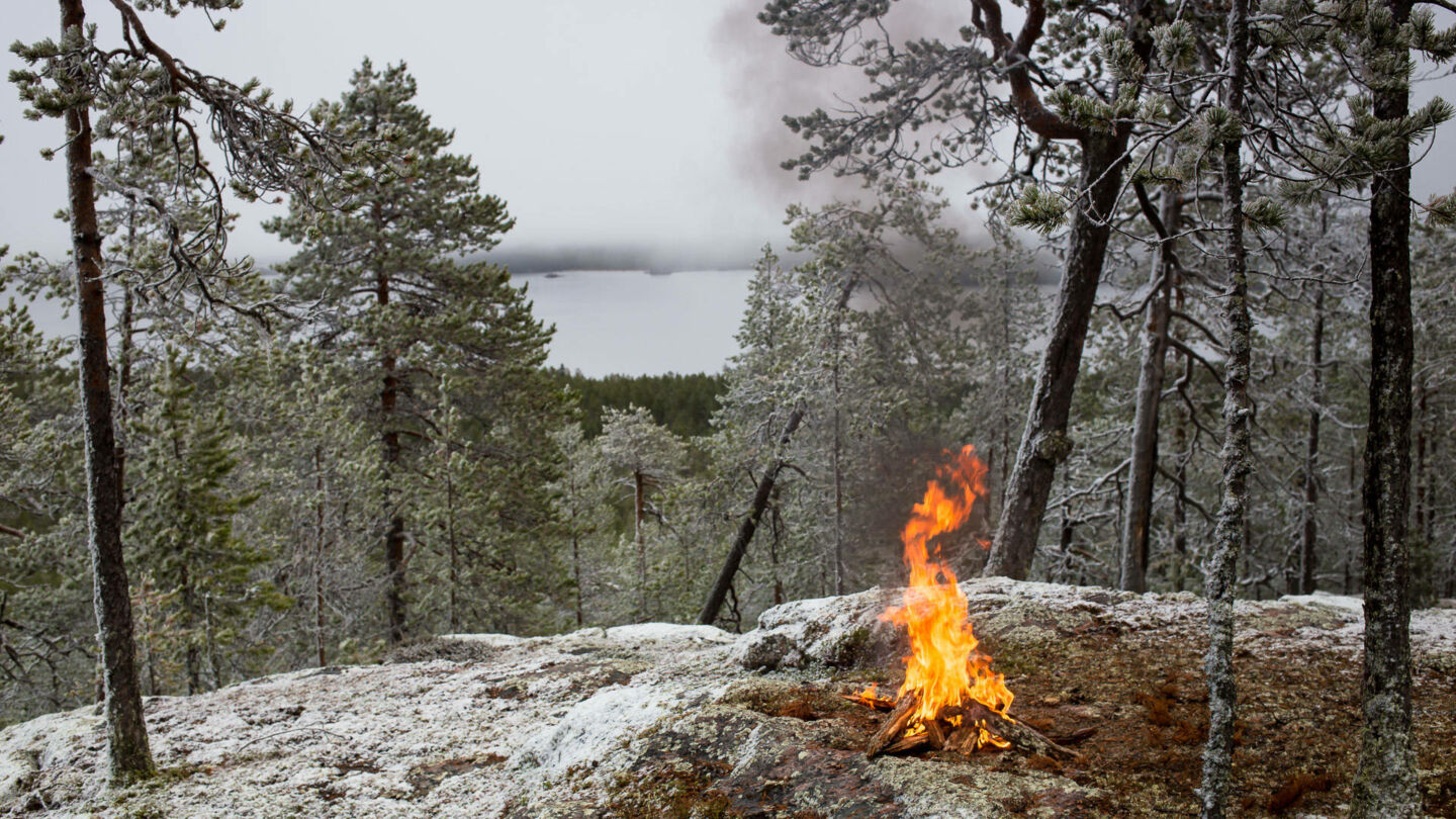 A campfire view in Kemijärvi, the Arctic Lakeland of Finnish Lapland
