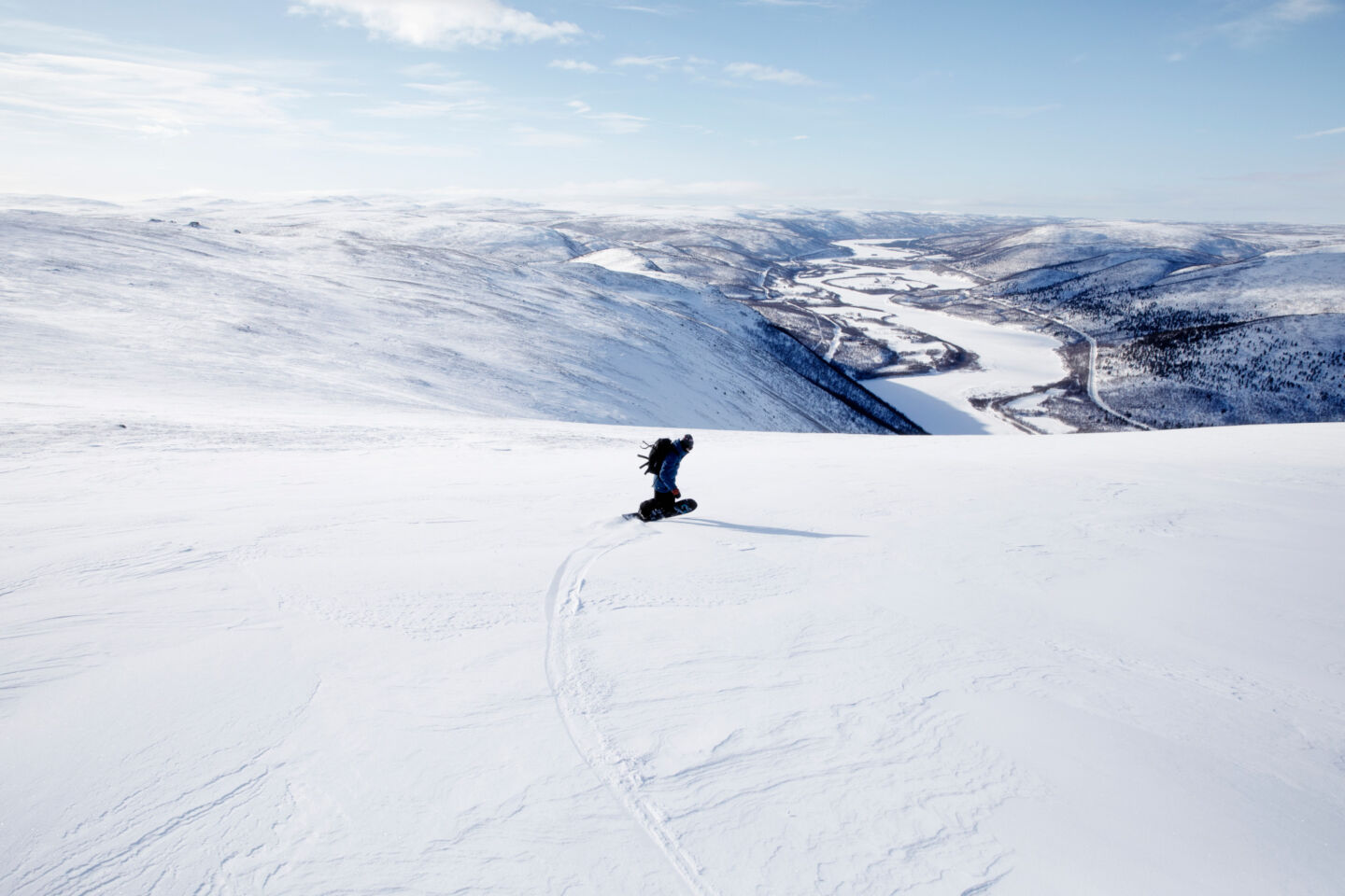 Snowboarding in winter in Utsjoki, Finland