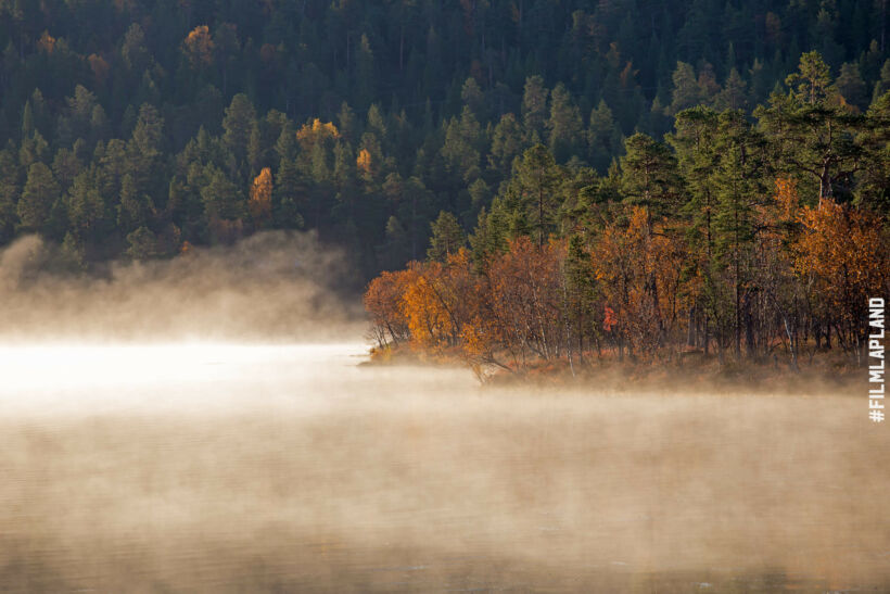 A misty river and autumn colors in Finnish Lapland
