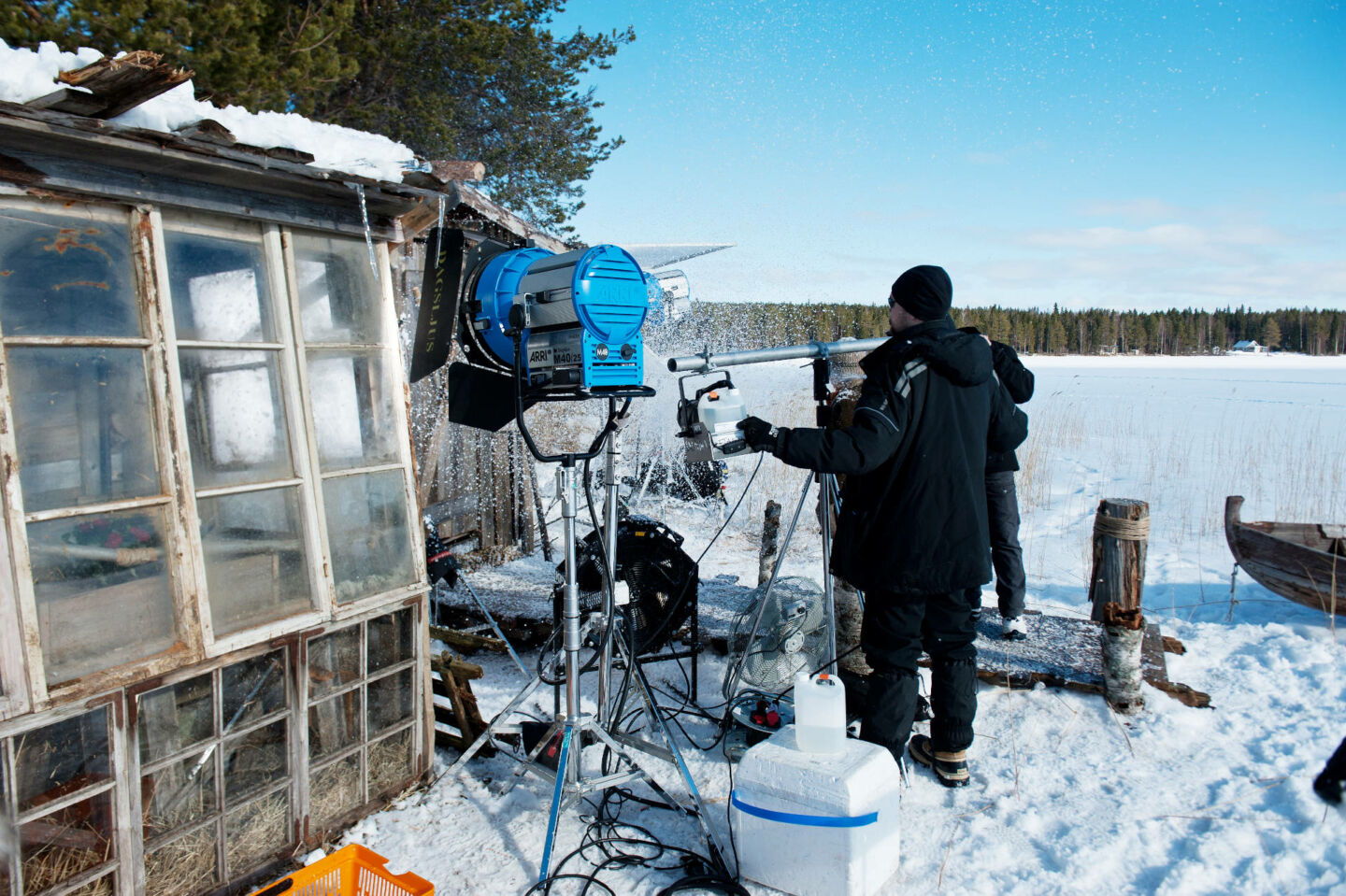 Filming on a frozen lake in Finnish Lapland