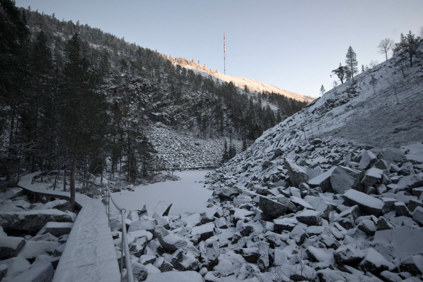 A snowy ravine in Pelkosenniemi, a wilderness film location in Finnish Lapland