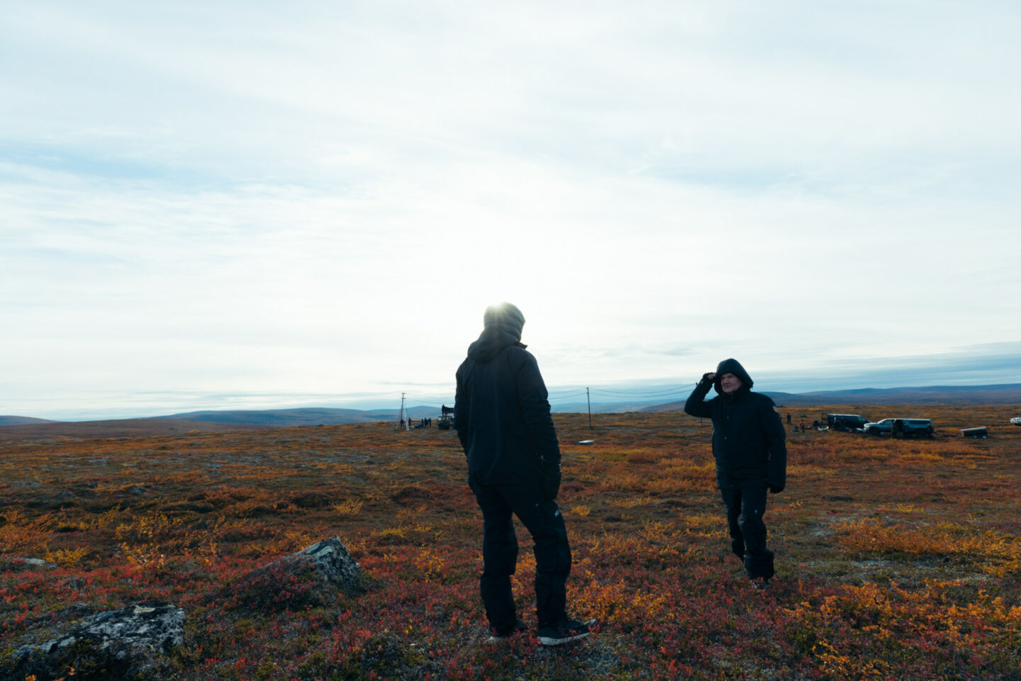 Director Jalmari Helander & producer Petri Jokiranta consider the autumn colors in Utsjoki, from Sisu, filmed in northernmost Finland