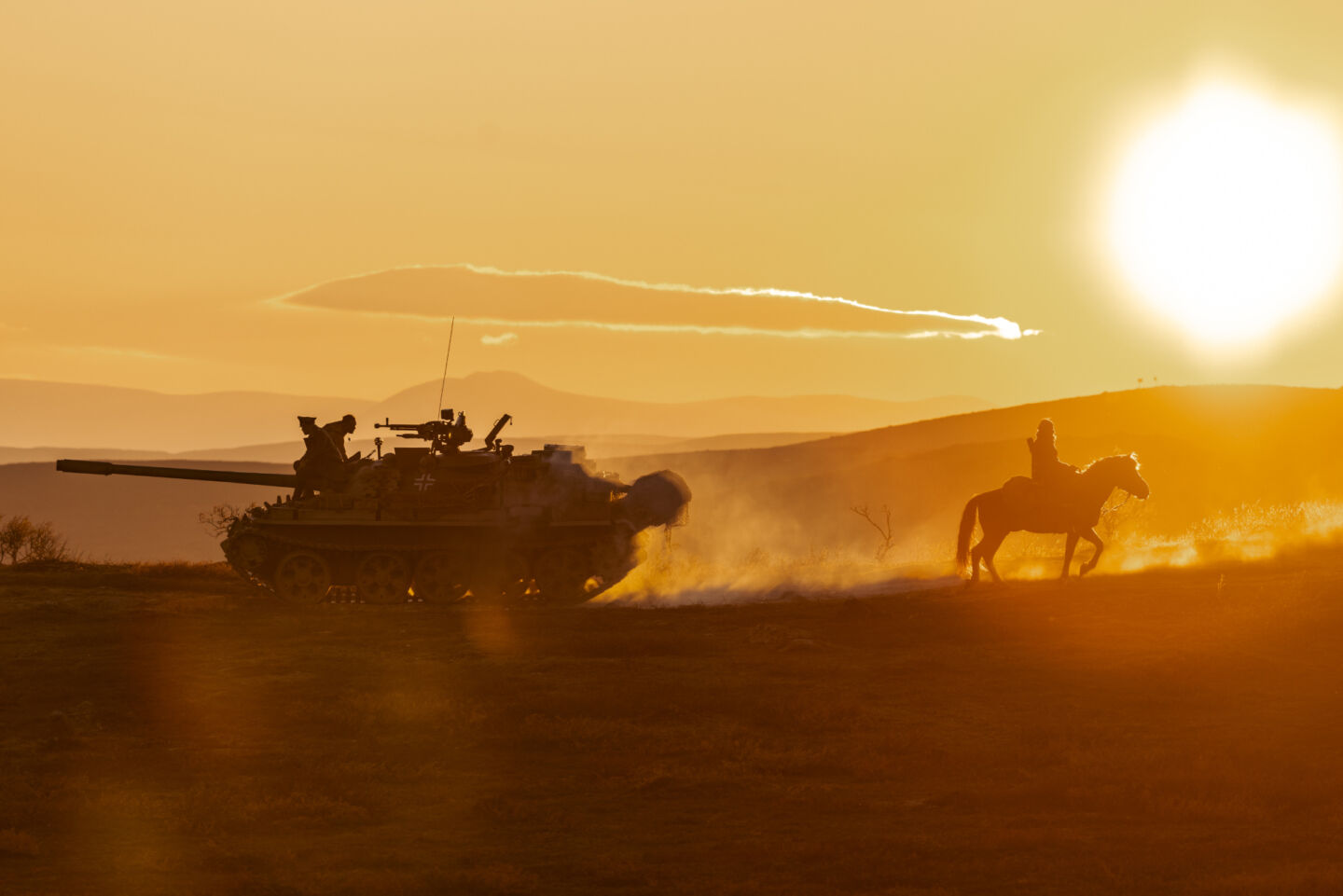 A Nazi tank and a horse against the sunset, from Sisu, filmed in northernmost Finland