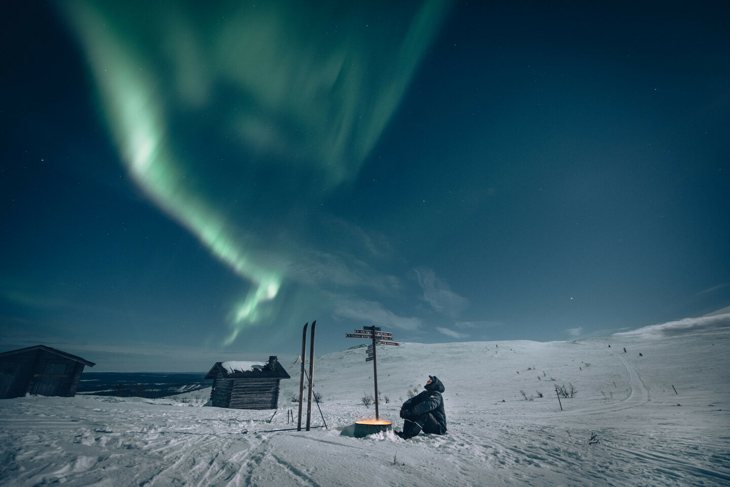 Northern Lights over snowy Muonio, a Finnish Lapland filming location