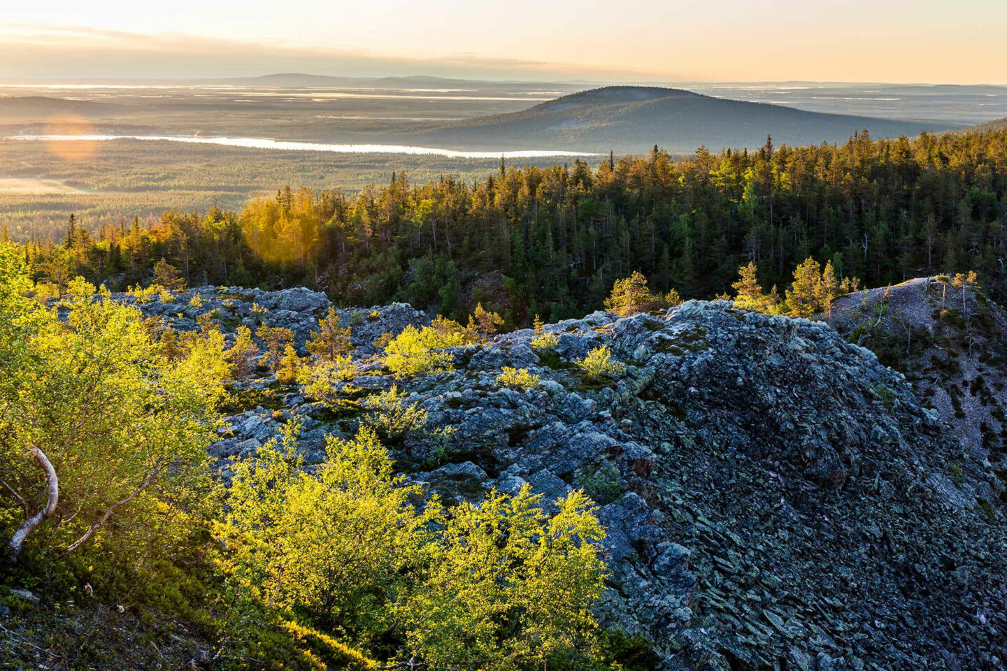 The summer sun over the view of Pyhätunturi Fell, a filming location in Finnish Lapland