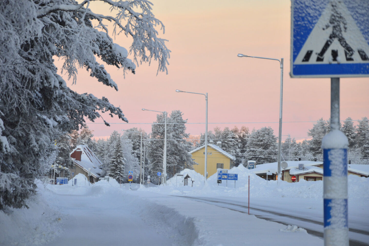 A snowy winter day in downtown Savukoski, a Finnish Lapland filming location