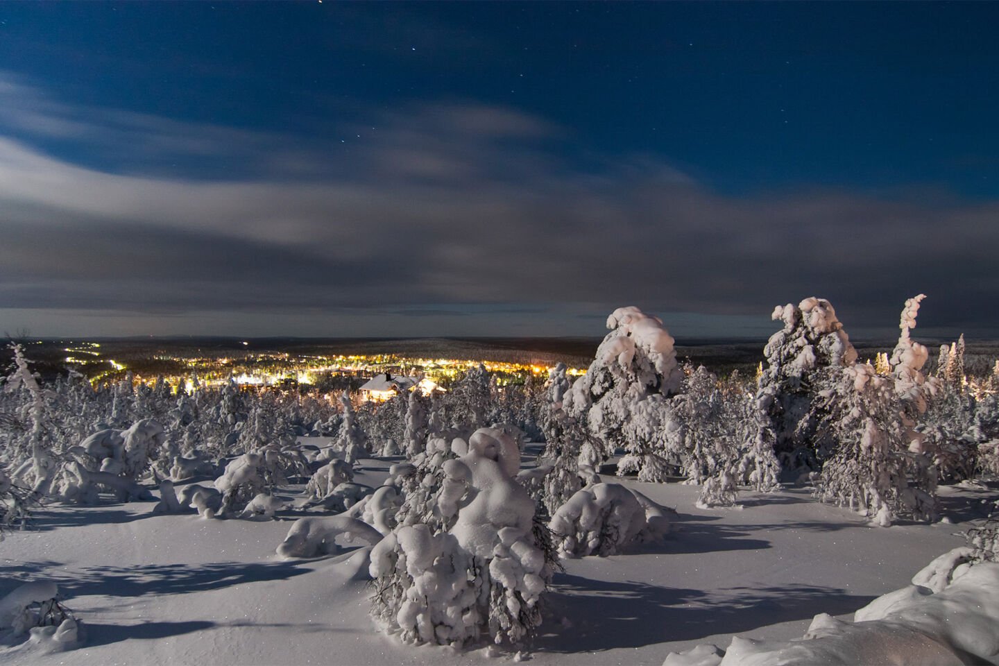 The lights of Saariselkä in Inari, Finland in winter