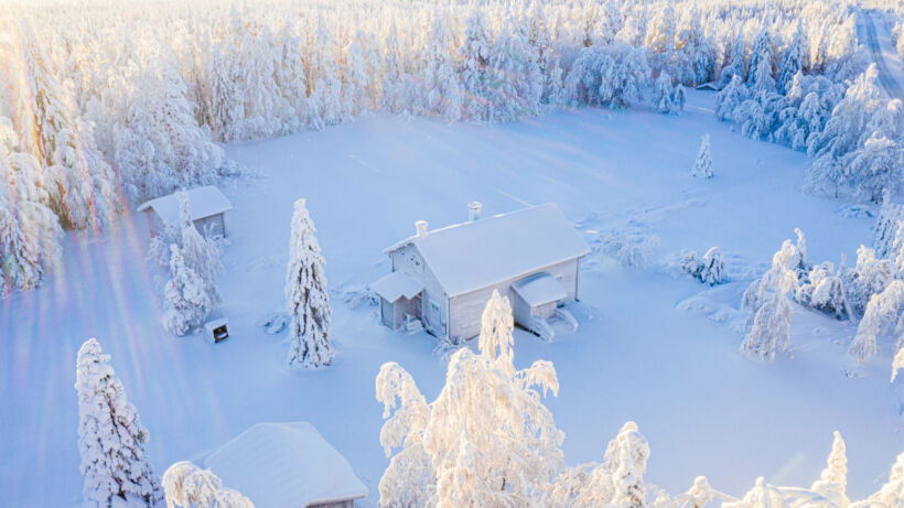 An aerial view in winter of Hervanvaara in Ranua, a Finnish Lapland filming location