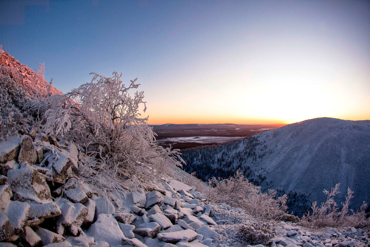 The winter sun over Pelkosenniemi, a filming location in Finnish Lapland