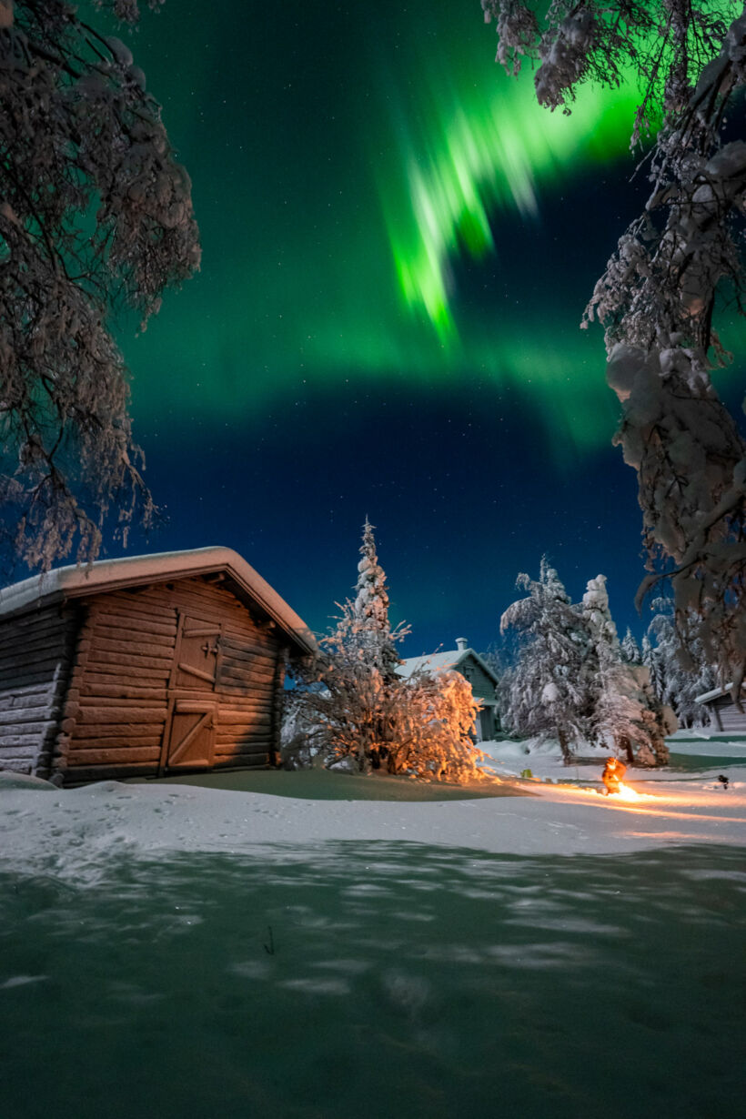 Northern Lights in winter over Hervanvaara in Ranua, a Finnish Lapland filming location