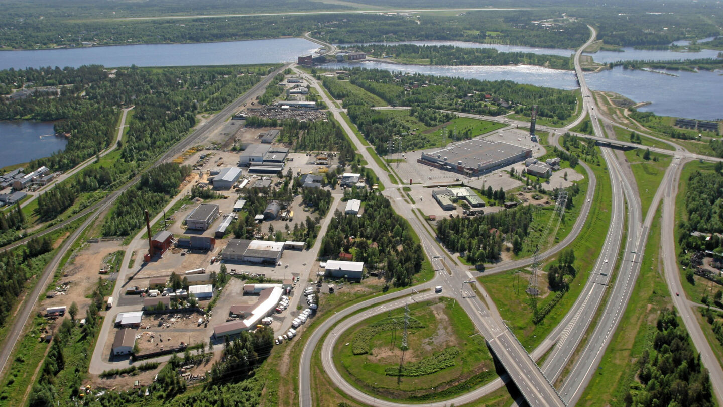 Aerial view of the business & industrial district inKeminmaa, Finland, in retro and rural Sea Lapland