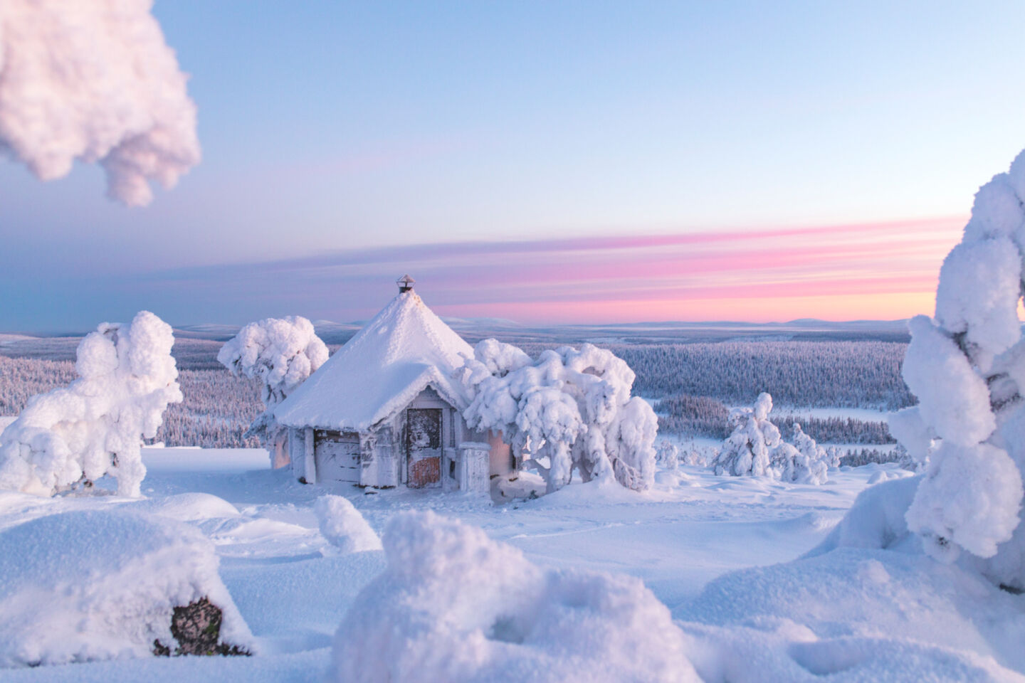 A cozy hut atop a fell in winter in Salla, a Finnish Lapland filming location