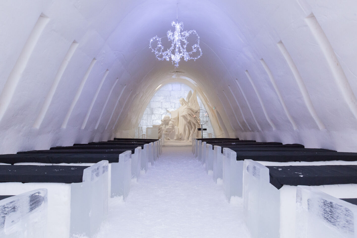 Inside the chapel in the Snow Castle in Kemi, a Finnish Lapland filming location