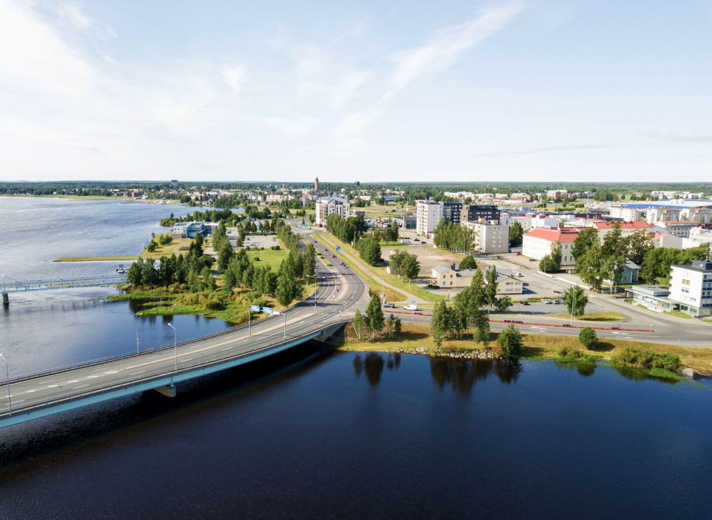 Aerial view of Tornio, one of the twin cities on the border between Finnish & Swedish Lapland