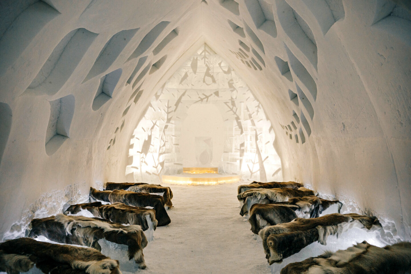 Inside the ice chapel at Arctic Snowhotel, a Finnish Lapland filming location