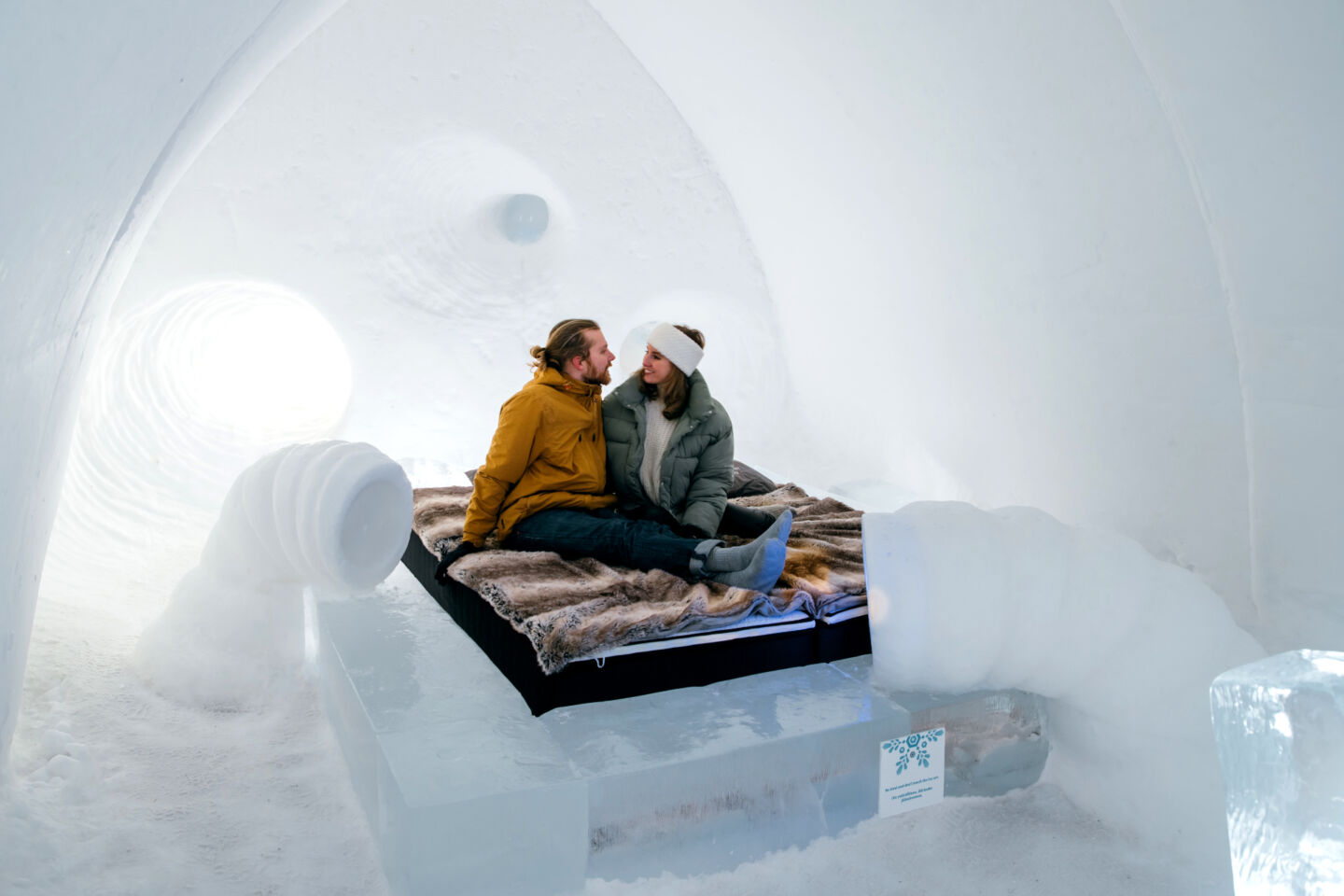 A hotel room made of ice and snow at the Arctic Snowhotel, a Finnish Lapland filming location