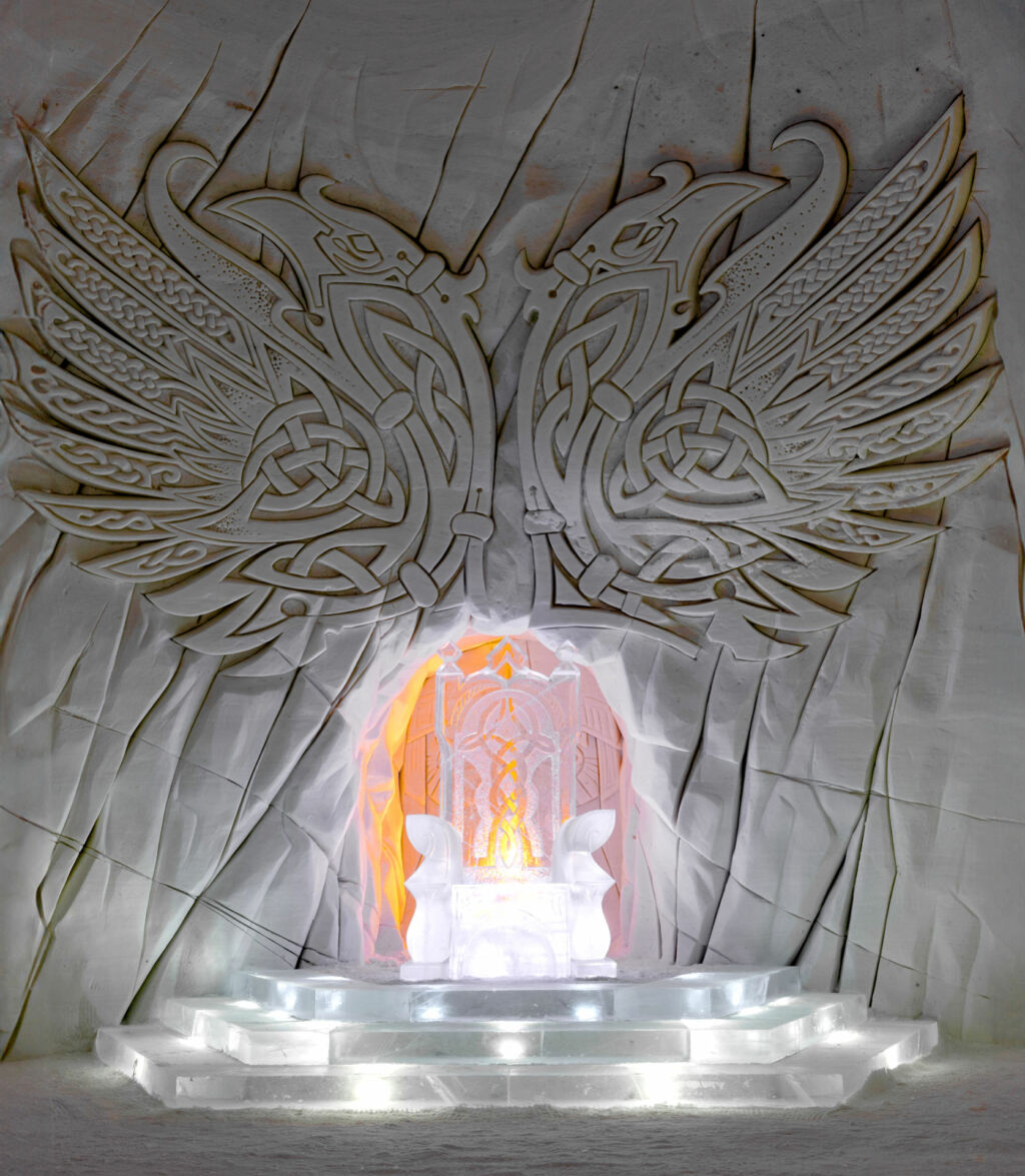 A throne of ice and wings of snow at the Lapland Hotels Snowvillage, a Finnish Lapland filming location