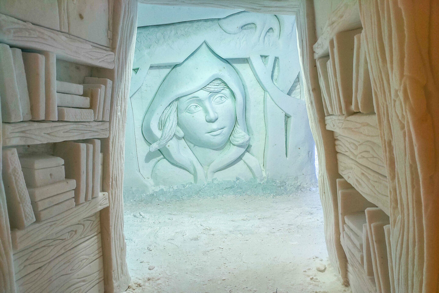 Snow carving on the wall of the Arctic Snowhotel, a Finnish Lapland filming location
