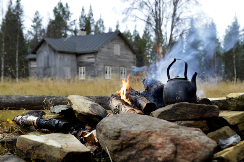 Campfire at the Arctic homestead at Tarkkala Wilderness Estate in Savukoski, a Finnish Lapland filming location